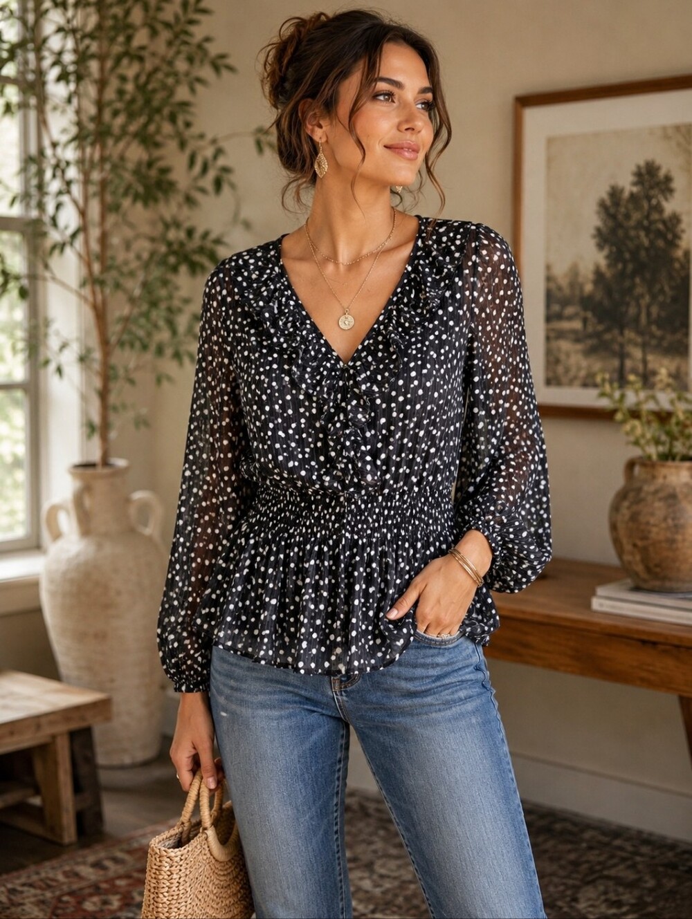 Emaline Petite Large Black Polka Dot Blouse Ruffle Smocked Peplum Sheer Metallic